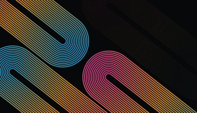 Retro style colorful lines forming U shapes on black background.