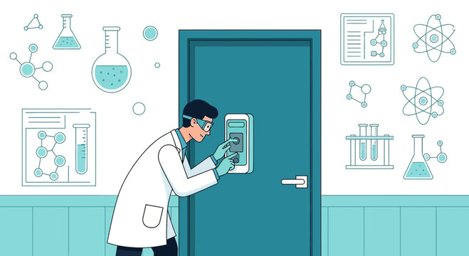Scientist Using Keypad on Laboratory Door with Chemistry Graphics
