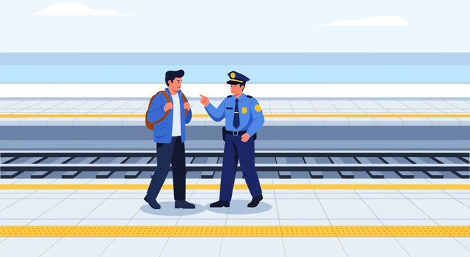 Police Officer Talking to Traveler at Train Station Platform