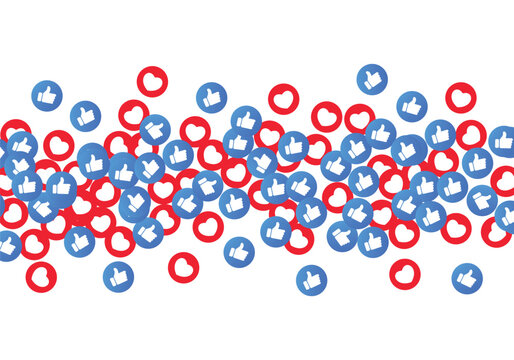Many blue thumbs up and red heart social media reaction icons scattered