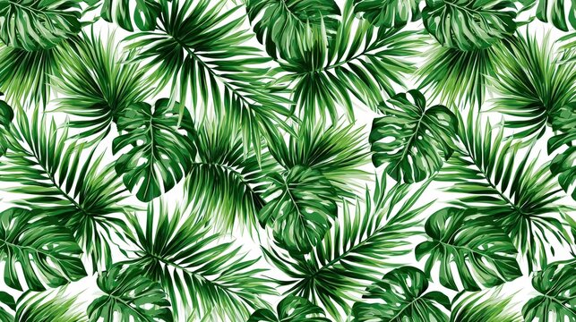 Tropical leaves fill the space with different shapes and sizes in a natural pattern on a white background