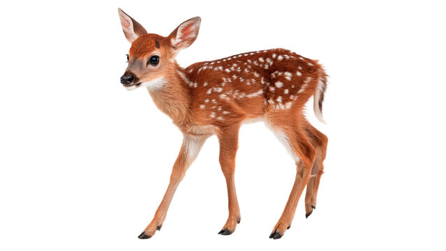 Beautiful baby deer fawn standing gracefully looking forward isolated on transparent background