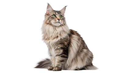 Beautiful fluffy longhair grey cat sitting looking at camera isolated on transparent background © Hanna