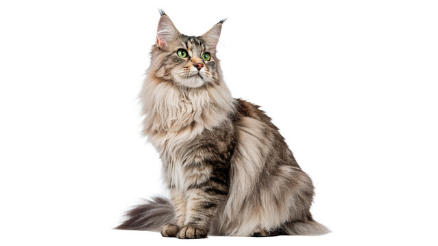 Beautiful fluffy longhair grey cat sitting looking at camera isolated on transparent background
