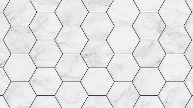 Hexagonal tile pattern with white marble design in a geometric layout across the surface