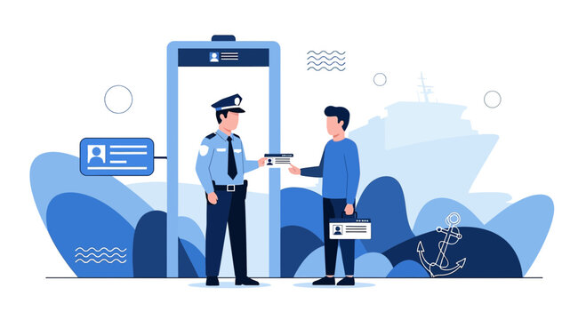 Port Security Check: Guard Scans ID of Passenger Boarding Ship