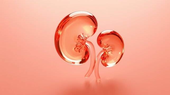 Glass model of human kidneys in red tones placed on a soft pink background during the day
