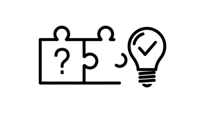 Puzzle pieces with a light bulb icon representing problem-solving and ideas black and white solution thinking creativity innovation illustration