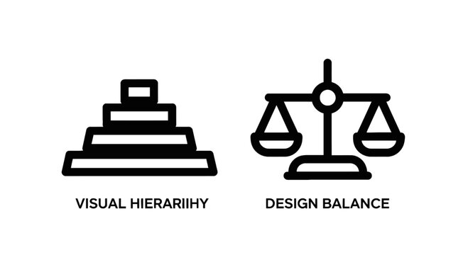 Visual hierarchy and design balance icons representing graphic design principles with black and white principles hierarchy illustration minimalist
