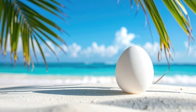 White egg rests on sandy beach, palm fronds frame turquoise ocean view