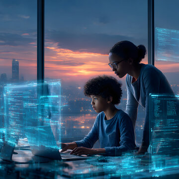 Mother and Son Coding Together at Sunset, Learning Programming with Futuristic Interface, Technology Education, Digital Future, Generative AI