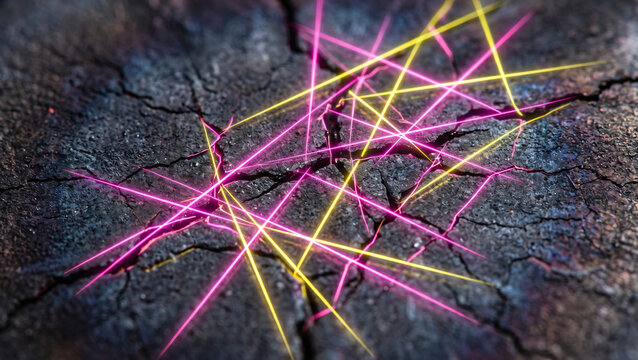 Extreme macro of a cracked dark aerospace ceramic surface analyzed by glowing neon pink and yellow linear lasers