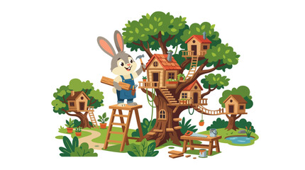 Fototapeta premium Cute Bunny Carpenter Building a Whimsical Treehouse Village