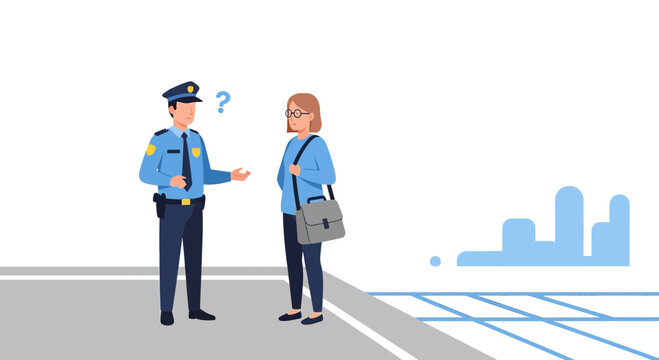 Police Officer Questions Woman, Urban Scene Illustration