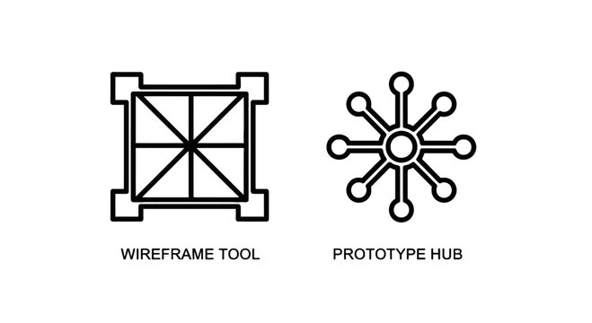 Wireframe tool and prototype tool icons with wireframe prototype development software application interface experience technology minimalist