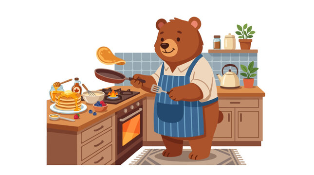 Cheerful Bear Cooking Pancakes in Cozy Kitchen