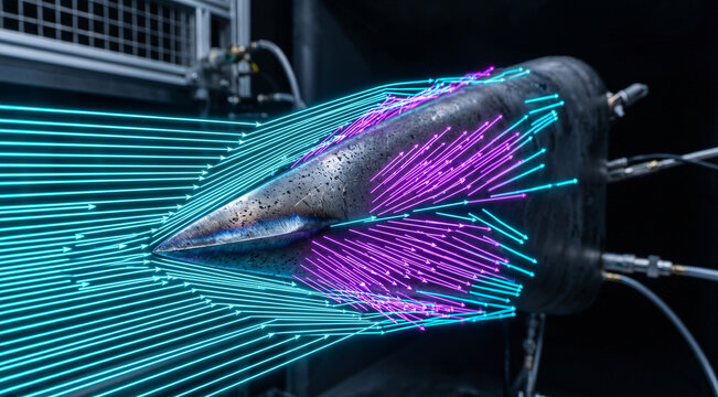 Macro of a dark hypersonic nose cone in a wind tunnel tested by glowing neon cyan and purple aerodynamic flow lines