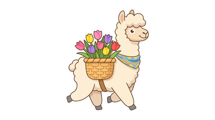 Fototapeta premium Cute cartoon llama with flowers in basket, festive, happy, whimsical illustration