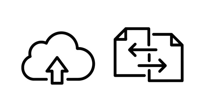 Cloud download and document sync icons with cloud computing file sharing data transfer document management online storage digital icon black and white