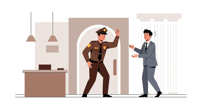Police Officer Stops Businessman at Entrance, Legal Security Concept