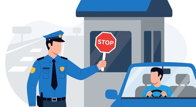 Police Officer stops car at checkpoint. Security, law, safety, traffic control.