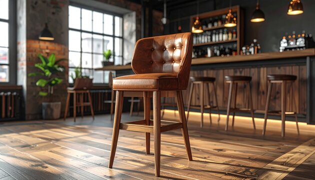 Tufted leather bar stool at wooden counter in industrial interior