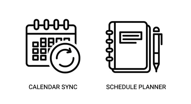 Calendar sync and schedule planner icons with time management productivity tools organization tools digital planning calendar schedule organization