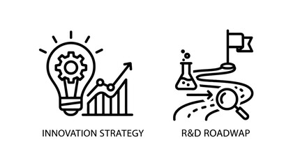 Obraz premium Innovation strategy and r&d roadmap conceptual icons with r and d innovation strategy business planning development lightbulb research technology