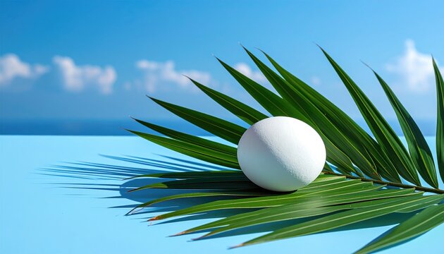 A white egg rests on a green palm frond against a bright blue sky
