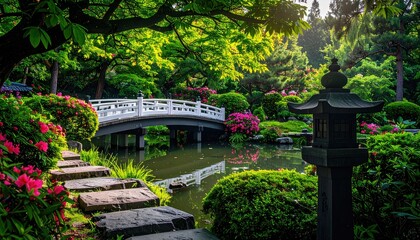 Obraz premium Tranquil garden with arched bridge, stone path, and vibrant flora