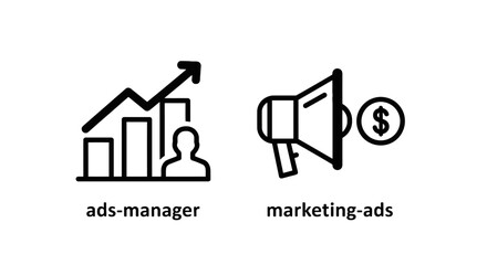 Fototapeta premium Ads manager and marketing ads icons with ad spend target market ad performance marketing advertising campaign promotion megaphone increase business