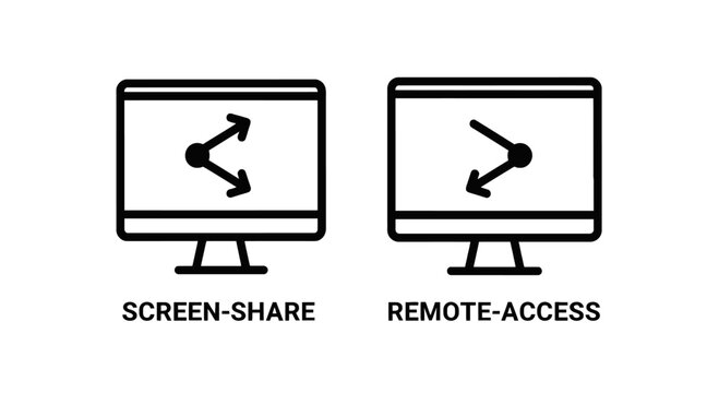 Computer screen icons for screen sharing and remote access with computer technology connection