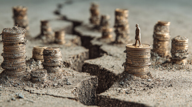 A miniature figure stands on a stack of coins amid a cracked surface, symbolizing economic disparity and financial instability in a visually striking way.