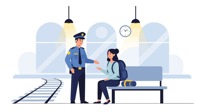 Police Officer Assisting Woman with Backpack at Train Station Platform