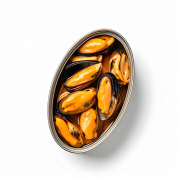 lata de conserva con mejillones en salsa de escabeche, aislada sobre fondo blanco, producto gastron&oacute;mico gourmet del mar