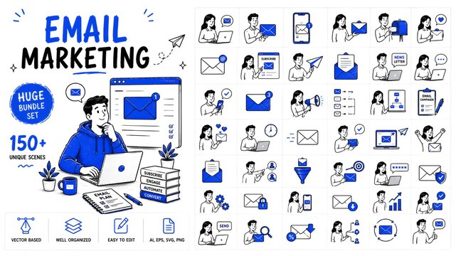 Email marketing bundle set with 150 unique scenes, digital communication icons for business, blue and white hand drawn character illustrations