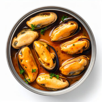 lata de conserva redonda con mejillones en salsa de escabeche, producto gastron&oacute;mico gourmet del mar en fondo blanco