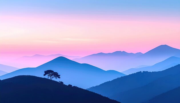 Silhouette of solitary tree on a hill against layered misty blue mountains at dawn
