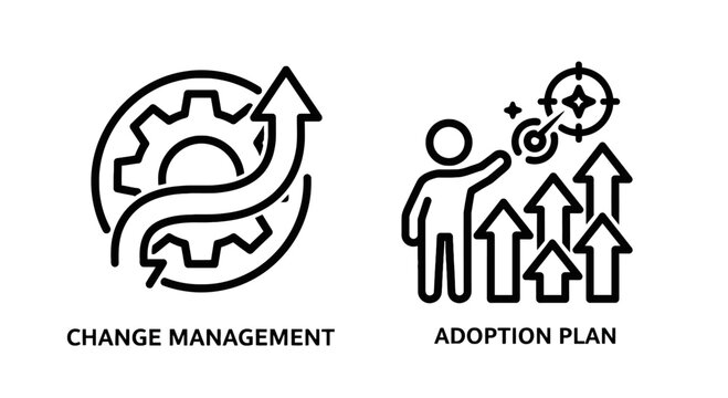 Change management and adoption plan icons with management adoption strategy implementation transition development improvement progress achievement