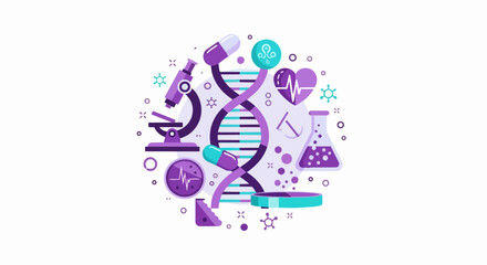 Fototapeta premium Biotechnology and Genetics Research Concept Vector Illustration with DNA Helix, Microscope, Laboratory Equipment, and Medical Icons for Healthcare and Pharmaceutical Science