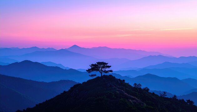 Lone tree crowns mountainous silhouette at vibrant dawn sky