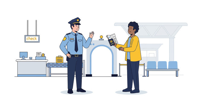 Passport Check at Border Control: Officer and Traveler Interaction