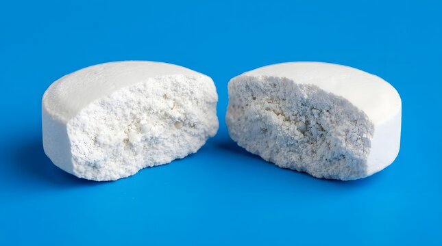 A broken white pill on a blue background, split in half to reveal its powdery interior