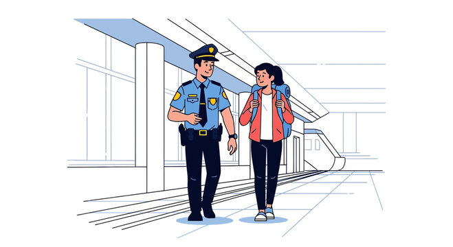 Police Officer Escorting Traveler at Train Station Platform, Security and Assistance