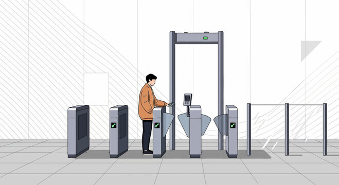 Person passing through security gate and turnstile at entrance, modern access control