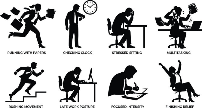 Business stress and time management silhouette icons set featuring overworking multitasking rushing and finished deadline concepts