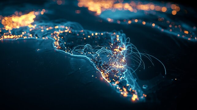 stylized latin america map with connected cities and blue network