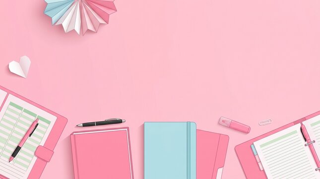 Pink Stationery Flat Lay with Notebooks and Paper Decor on Desk Background