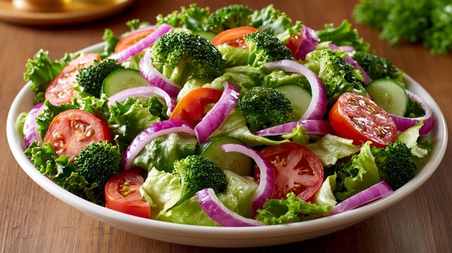 fresh tossed salad with crisp vegetables on rustic wooden table