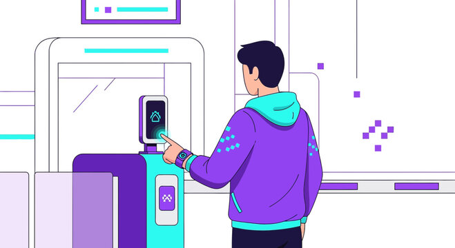 Person using contactless payment at smart kiosk for ticket or access